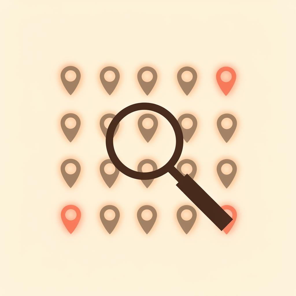 Magnifying glass over location pins illustration